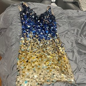 Jovani short prom dress size 6 blue and gold